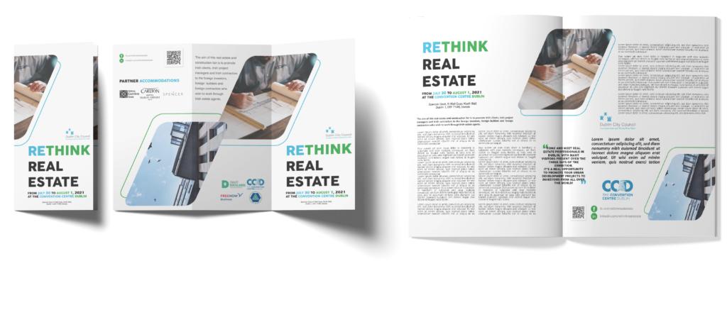 Brochure pour l'événement Rethink Real Estate - une brochure pliée à gauche et une brochure dépliée à droite - 3 pages et Double page de magazine qui parle de l'événement Rethink Real Estate