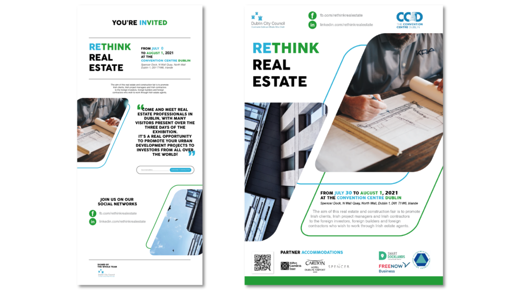 Exemple de l'invitation à envoyer par mail pour l'événement Rethink Real Estate et Affiche de l'événement Rethink Real Estate