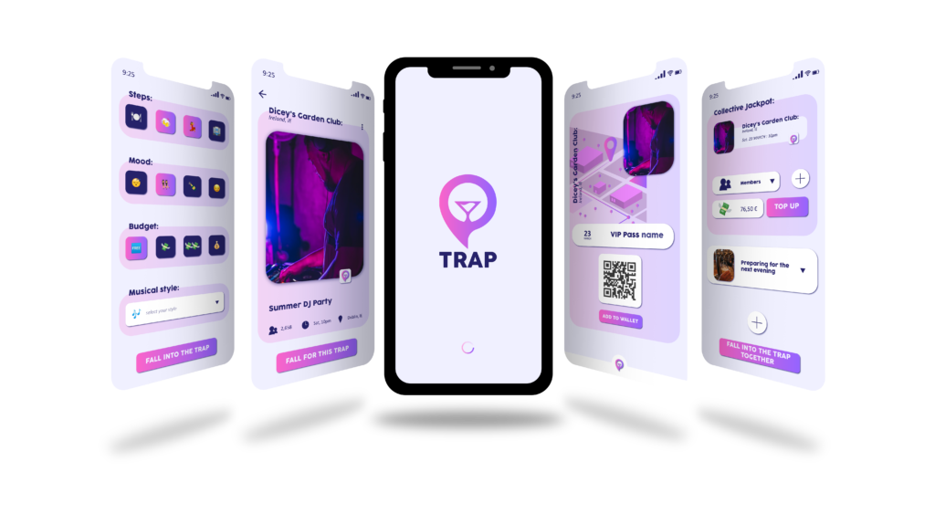 Mockup de l'application TRAP (4 écrans), de gauche à droite : l'écran pour filtrer le genre d'événement que l'on choisit, la page de l'événement, la page de chargement lorsque l'on ouvre l'application, le passe VIP avec le QR code pour rentrer dans l'événement et la cagnotte collective