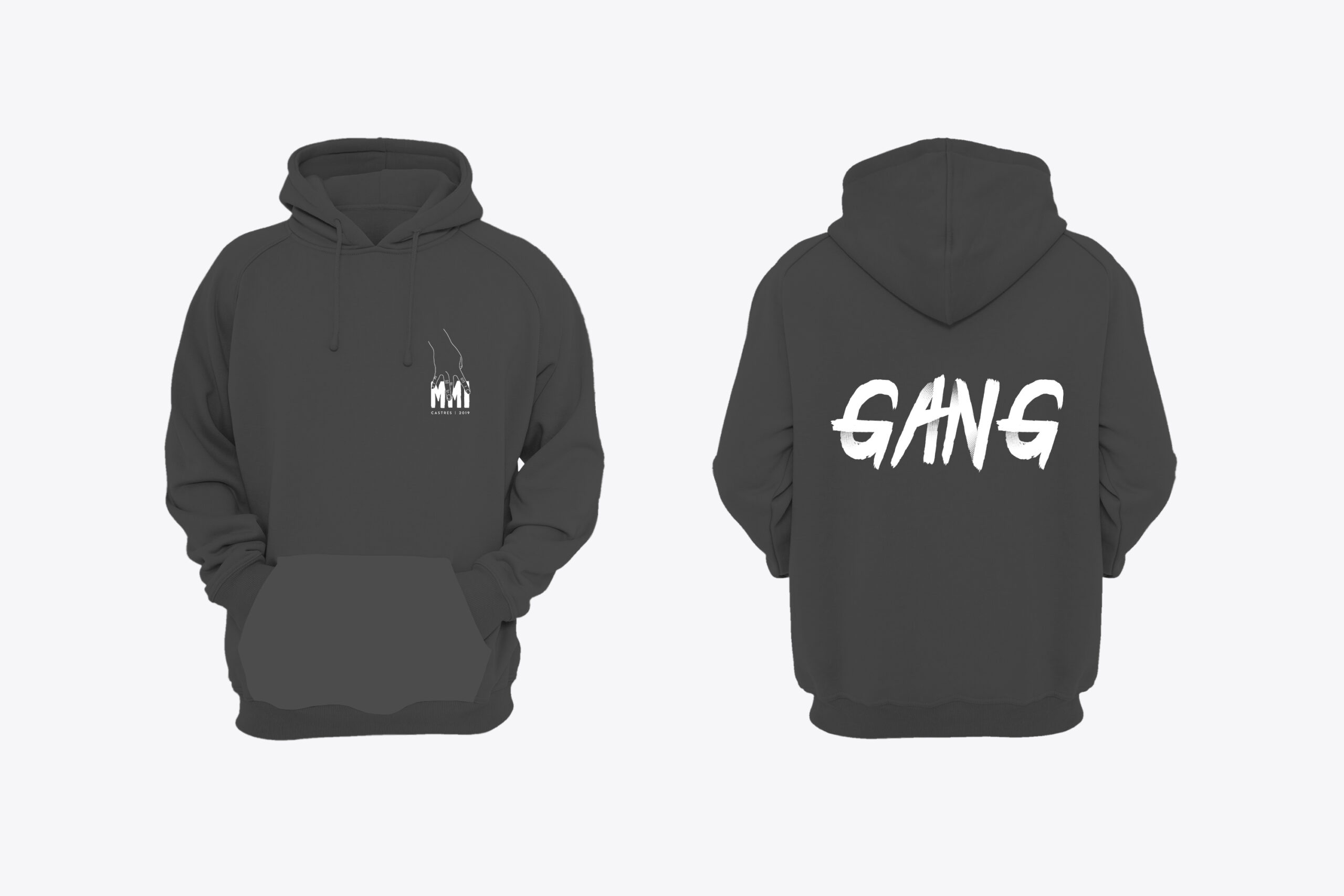 Mockup hoodie MMI, promo 2019 - deux hoodies noir, un de face et un de dos - celui de face avec le logo de la main MMI au niveau du coeur et celui de dos avec écrit GANG