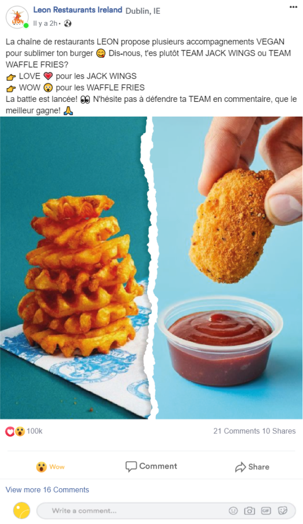 Exemple d'une publication Facebook pour entrainer des réactions : Waffles fries vs Jack wings