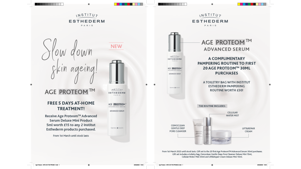 Deux pages destinées à l'impression pour promouvoir le nouveau produit Institut Esthederm - Age Proteom