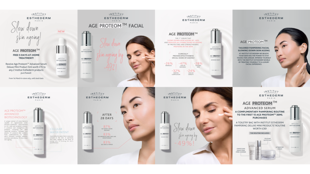 8 visuels au format carré visant à promouvoir le nouveau produit Institut Esthederm - Age Proteom