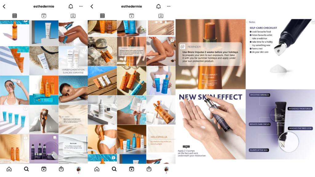 Capture d'écran du feed Instagram de Institut Esthederm Irlande + 4 exemples de visuels de publications