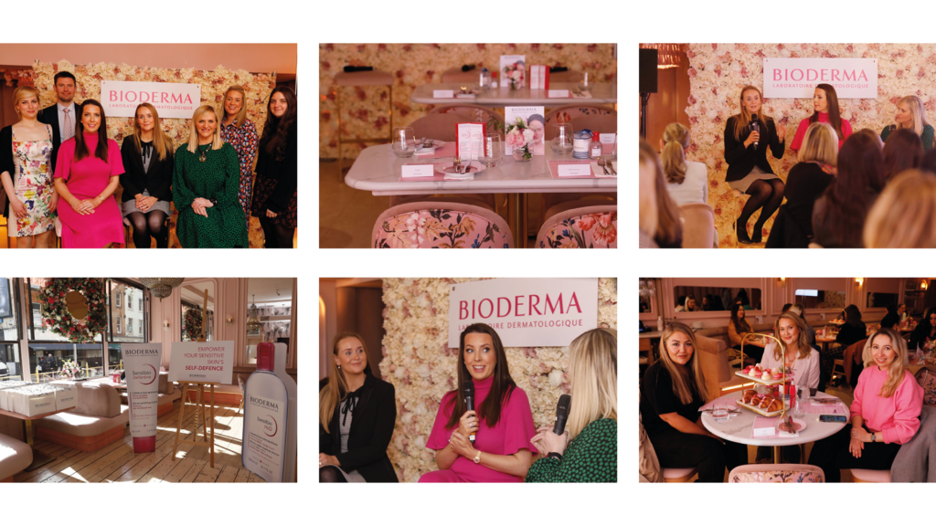 6 photos prisent lors de l'événement du lancement Sensibio Defensive Cream à Dublin, Irlande - photos des intervenants et des invités dans le restaurant Pink - les photos sont dans les tons rosés