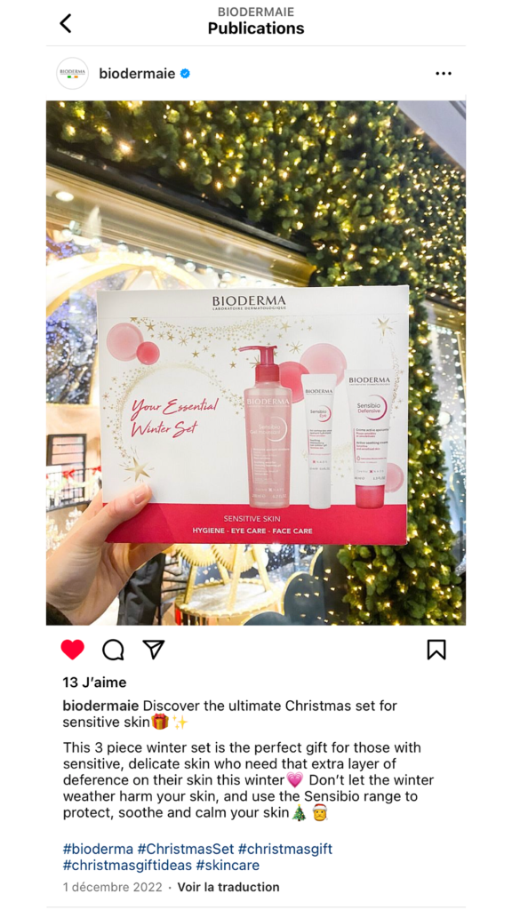 Capture d'écran de la publication Instagram du coffret cadeau de Noël - Sensibio