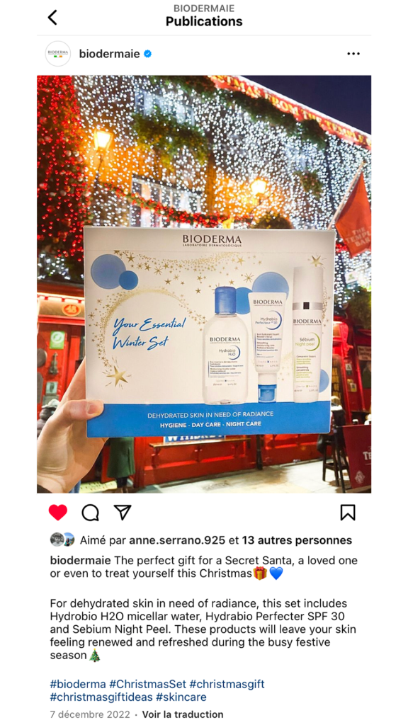 Capture d'écran de la publication Instagram du coffret cadeau de Noël - Hydrabio/Sébium