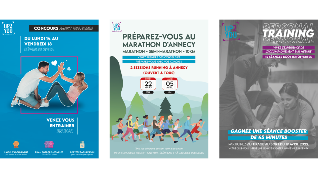 3 différentes affiches pour des événements dans les salles de sport : Concours Saint-Valentin, Préparation au marathon d'Annecy et Personal Training