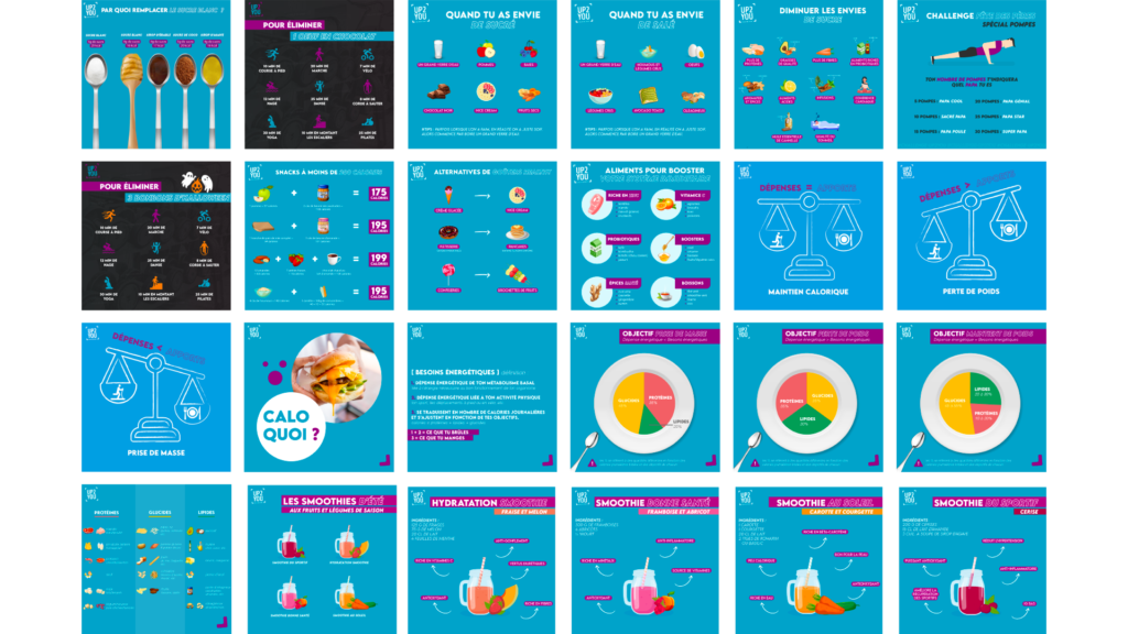 Large panel d'exemples d'infographies pour les réseaux sociaux d'UP2YOU : challenge, informatif, éducatifs, etc.