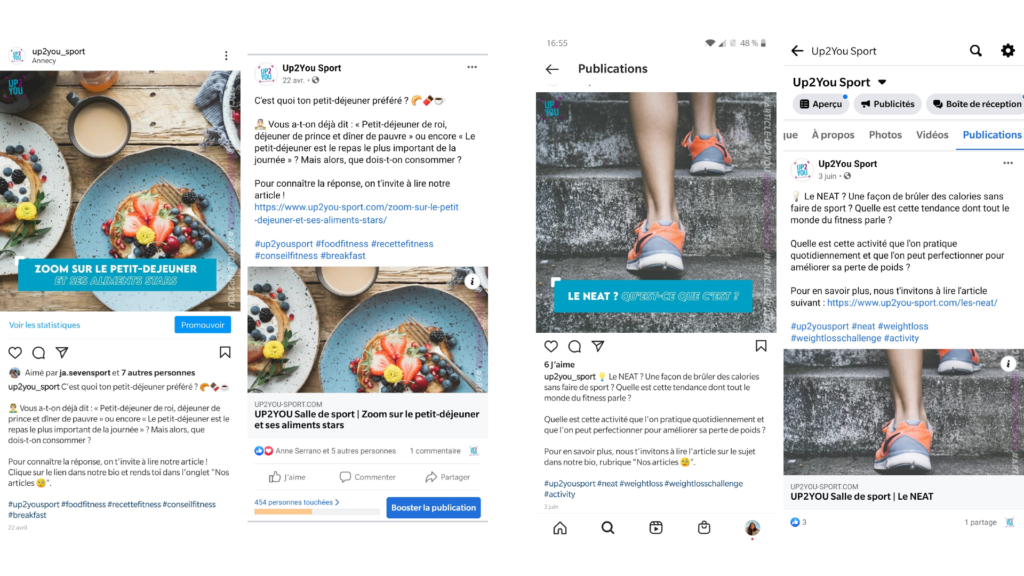 Aperçu des publications pour annoncer les articles UP2YOU sur Instagram et Facebook - ici deux articles : Zoom sur le petit-déjeuner et ses aliments stars et Le NEAT ? Qu'est-ce que c'est ?