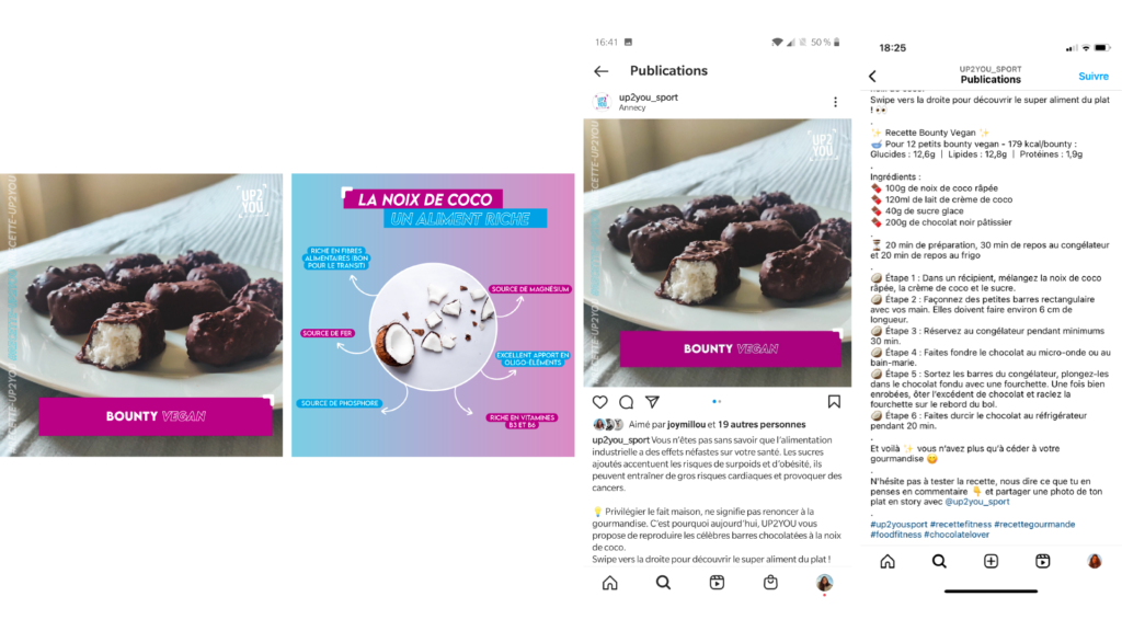 Template des recettes postées sur les réseaux sociaux : ici recette de bounty vegan avec focus sur les bienfaits de la noix de coco